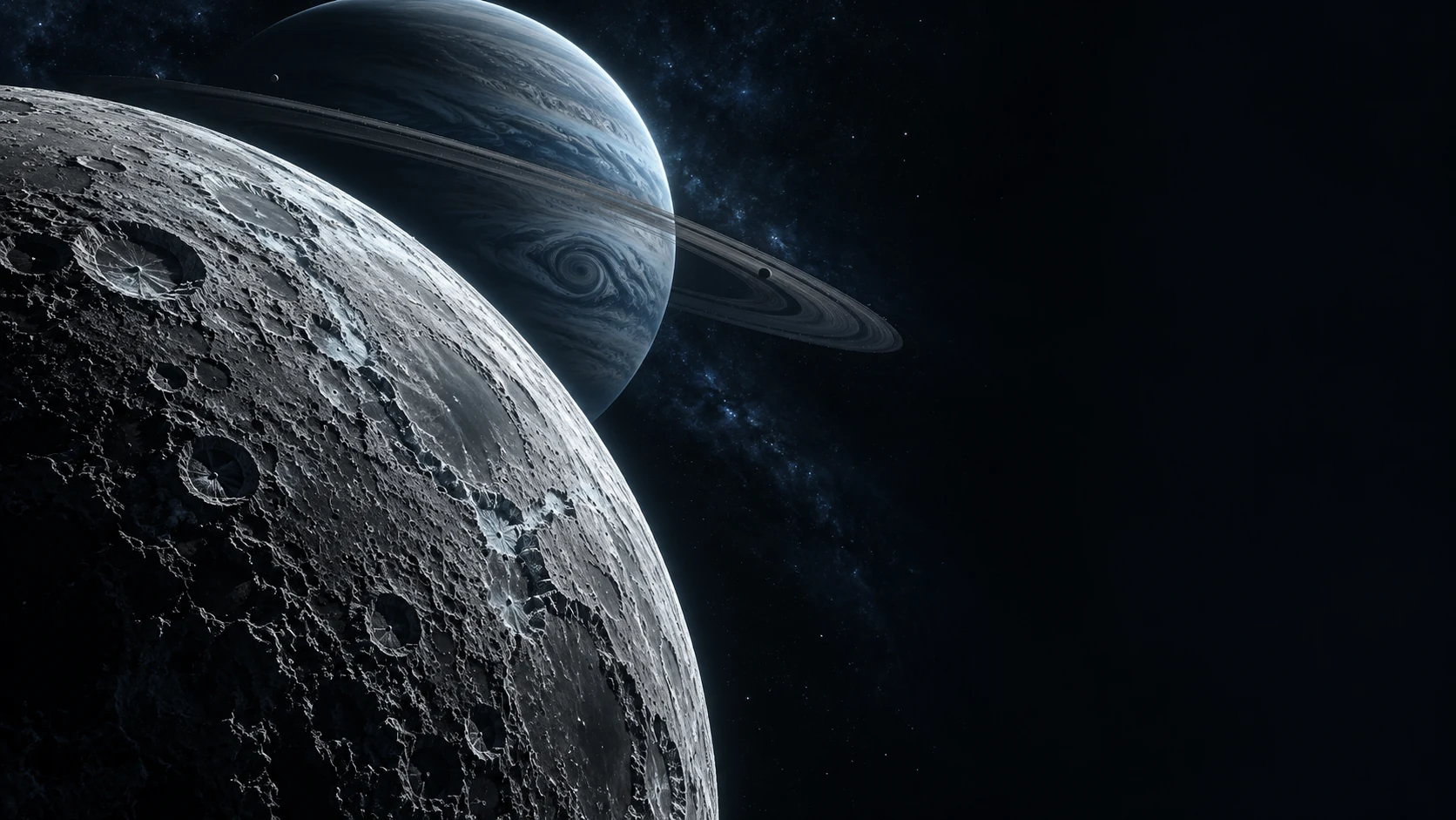 Ein zerklüfteter dunkler Mond vor einem fernen Ringplaneten