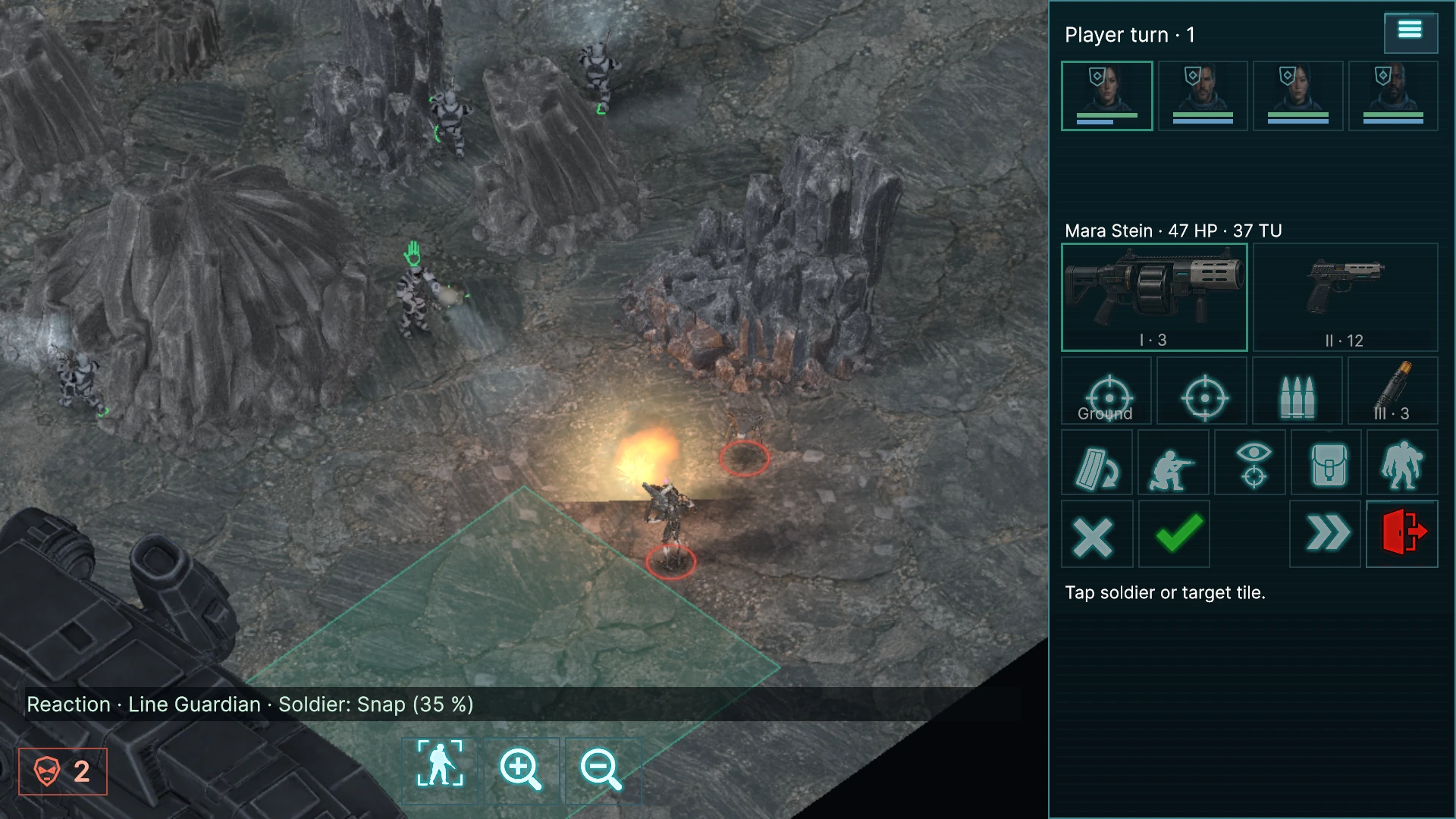 A grenade explosion among basalt columns with the squad spread across the battlefield